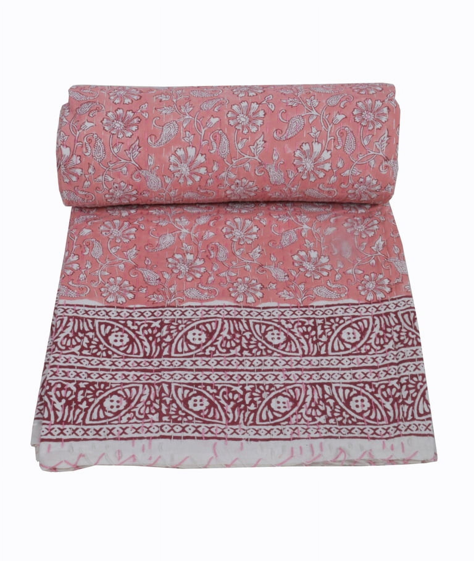 Pink Paisley Hand Block Printed Cotton Kantha Throw - Double bed Size Pink Paisley Hand Block Printed Cotton Kantha Throw - Double bed Size