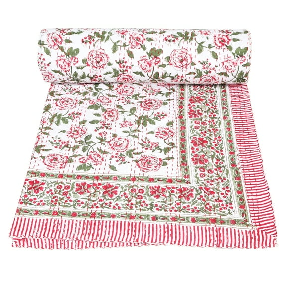 Indian Pink Florla Print Kantha Quilt Throw Blanket Bedspread Hand Block Print Single Size Beige Floral Print