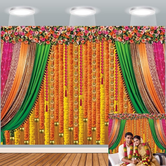 Indian Pooja Backdrop Diwali India Traditional Religious Festival Background Puja Ganpati Pooja Photography Decorations Wedding Party Marigold Flower Banner Photo Props