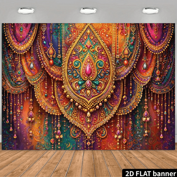 Indian Pooja Backdrop Indian Religious Traditional Festival Luxurious Purple Green Curtain Gemstone Tassels Background for Diwali Puja Ganpati Pooja Mehndi Wedding Party Decorations Banner