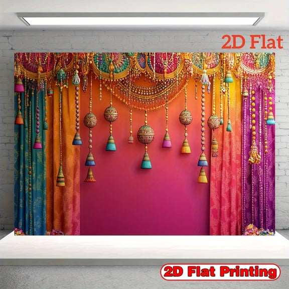 Indian Pooja Backdrop Indian Religious Traditional Festival Purple Green Curtain Photography Background for Diwali Puja Ganpati Pooja Mehndi Wedding Party Decorations Banner