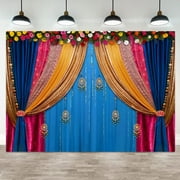 Indian Pooja Backdrop Marigold Flower Blue Curtain Photography Background India Holi Ganpati Diwali Mehndi Festival Wedding Bridal Shower Banner Decorations Photo Booth Props