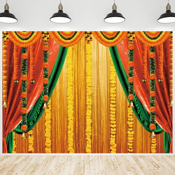 Indian Pooja Backdrop Orange Yellow Diwali Ganpati Marigold Puja Traditional Festival Photography Background for Birthday Wedding Party Decorations Banner Photo Booth Props