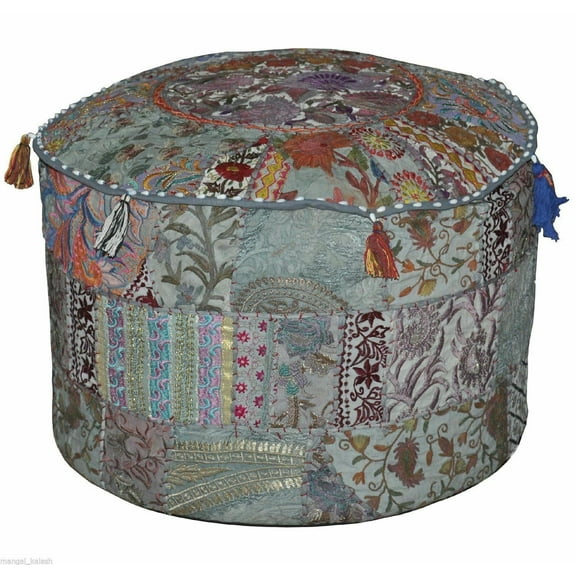 Indian Pouf Footstool Ethnic Embroidered Pouf Cover, Indian Cotton Round Pouffe Ottoman Pouf Cover Pillow Ethnic Decor Art-Gray-18 x 13 Inch