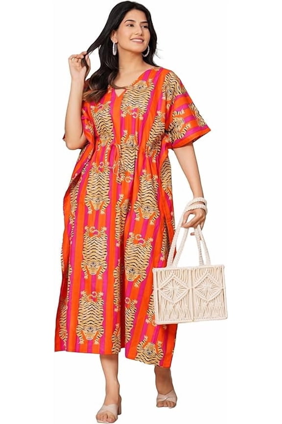 Indian Printed Handmade Kaftan Dress Long Top Caftan, Dress Beach Cover up, Hand Block Print Sleepwear Maxi Dress Kimono Robe Multi