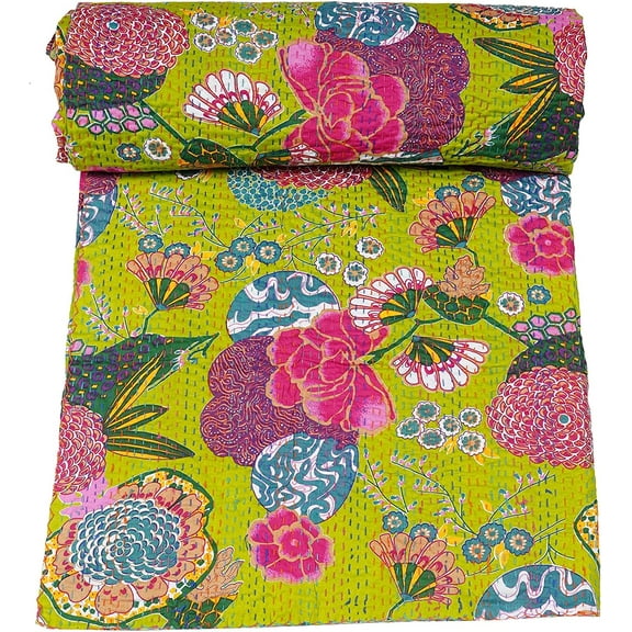 Indian Reversible Kantha Quilt for Living Dorm Room Bed Cover Handmade Stitched Pure Cotton C-Green Fruit Print Bedspread Kantha Quilt 60X90 inch.
