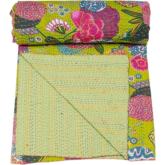 Indian Reversible Kantha Quilt for Living Dorm Room Bed Cover Handmade Stitched Pure Cotton C-Green Fruit Print Bedspread Kantha Quilt 90X108 inch.