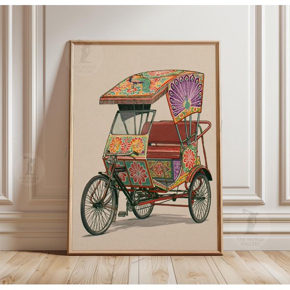 Indian Rickshaw Poster, Floral Folk Wall Art, Paper Print, Poster Only