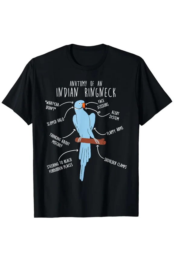 Indian Ringneck Parrot Anatomy Funny Cute Pet T-Shirt, 100% Cotton, Round N