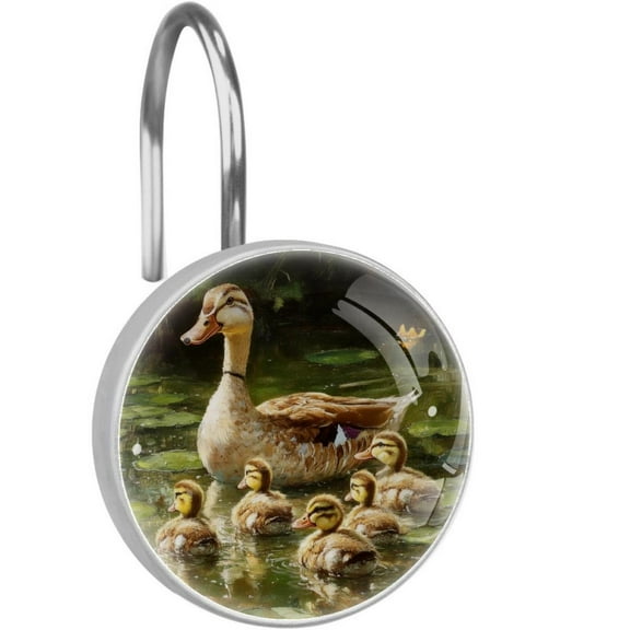 Indian Runner Duck and Ducklings Shower Curtain Hooks Round Crystal Glass, Set of 12 Shower Curtain Rings - Shower Hooks for Curtain Shower Rings