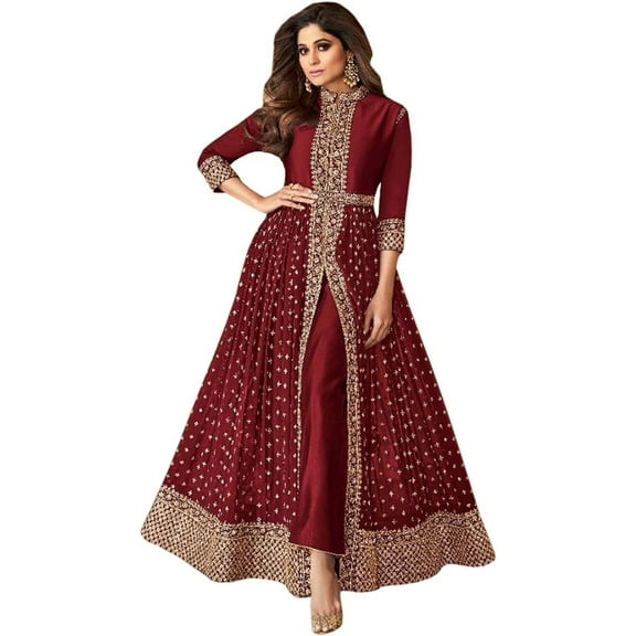 Indian Salwar Kameez Dress Bollywood Designer Pakistani Slit Anarkali Gown Suits ( Red, M - 40 )