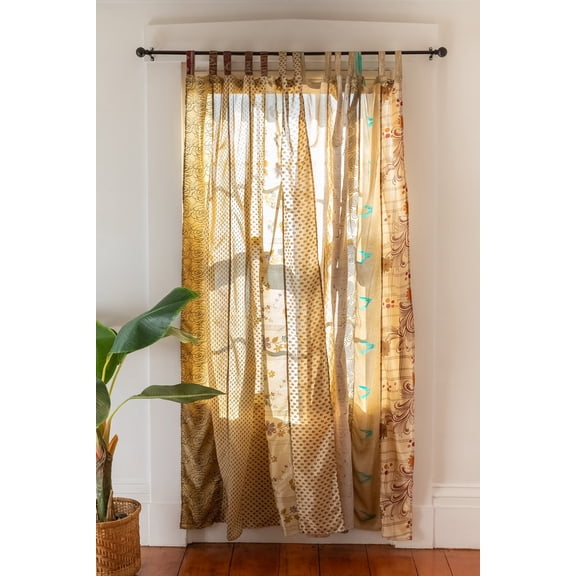Indian Sari Patchwork Curtain Drape Window Decor Silk Sari Beige Curtain