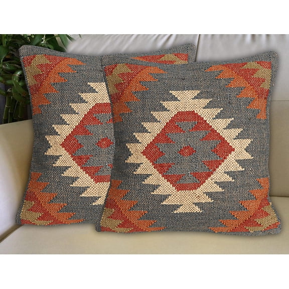 Indian Set of 4 PC Handwoven Kilim Pillow Cover 18x18 Square Indian Outdoor Cushions Cover Decorative Throw Pillow Cases Jute Wool Cushion Cover Boho Pillow Shams for Home Decor