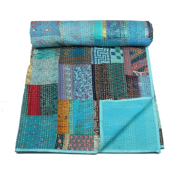 Indian Silk Kantha Quilt, Kantha Bed Cover, Handmade Kantha Bedspread Blanket ,Kantha Blanket&nbsp;Size - King - 108" x 108"