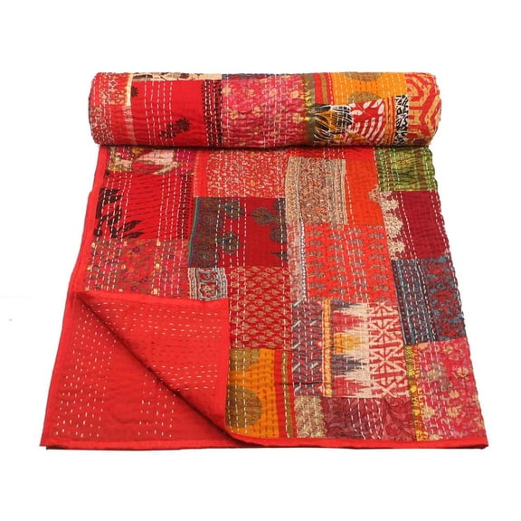 Indian Silk Kantha Quilt, Kantha Bed Cover, Handmade Kantha Bedspread Blanket ,Kantha Blanket Size - King - 108" x 108"
