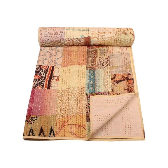 Indian Silk Kantha Quilt, Kantha Bed Cover, Handmade Kantha Bedspread Blanket ,Kantha Blanket&nbsp;Size - Queen - 90" x 108"