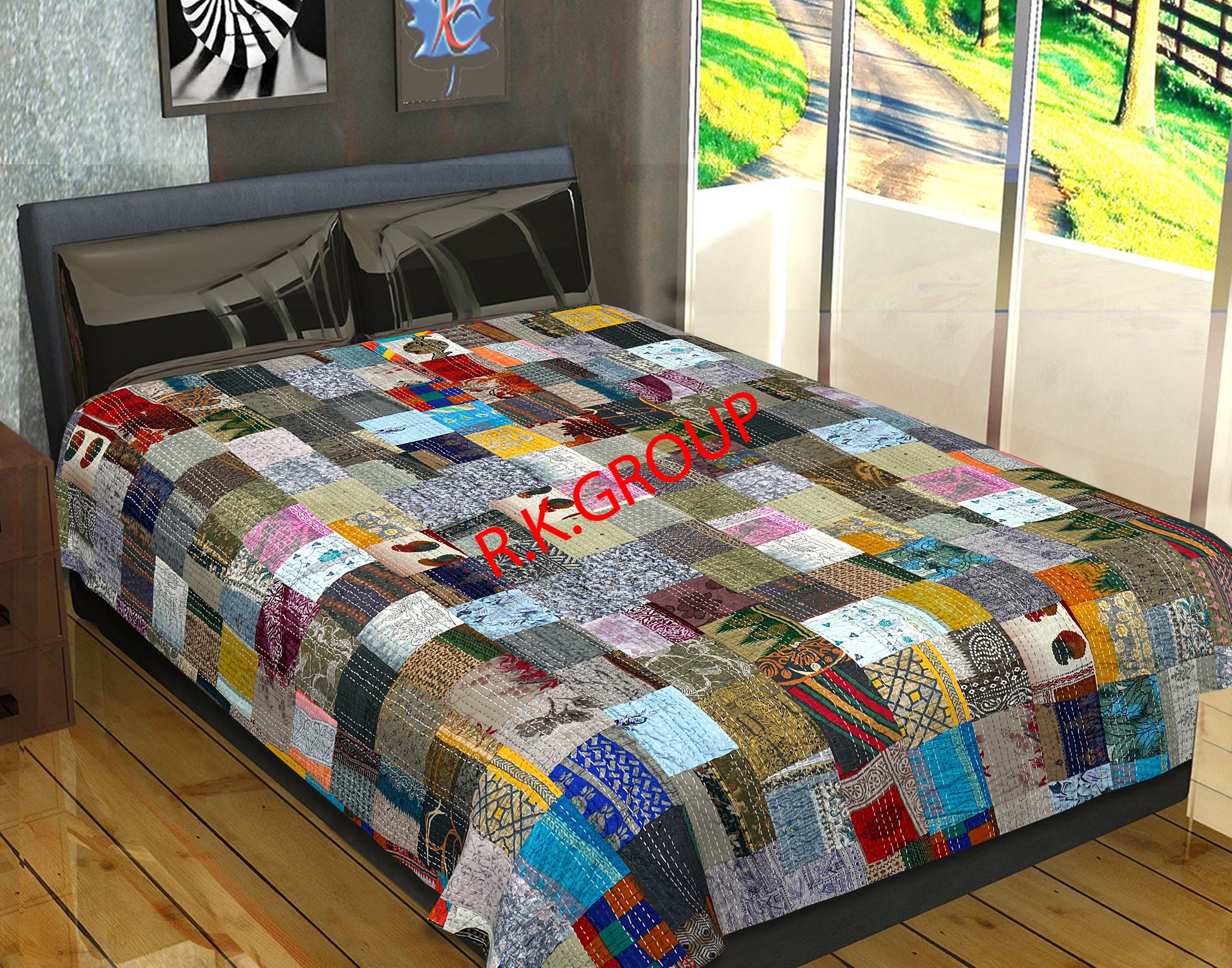 Copriletto Kantha King Size Verde 274x274 Cm – Trapunta Indiana Fatta A Mano In Seta Patola, Reversibile, Motivo Vintage Punto Mano, Coperta Decorativa Etnica