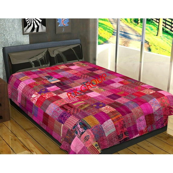 Indian Silk Patola Patchwork Kantha Quilt Handmade Vintage Quilts Boho Twin/King Size Bedding Throw Blanket Bedspread Quilting Hippie Quilts(Pink, King Size 108x108 Inches)