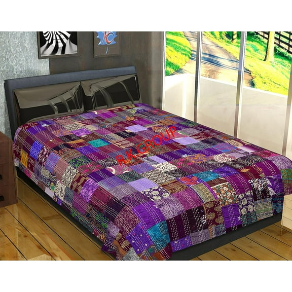 Indian Silk Patola Patchwork Kantha Quilt Handmade Vintage Quilts Boho Twin/King Size Bedding Throw Blanket Bedspread Quilting Hippie Quilts(Purple, Twin Size 60x90 Inches)