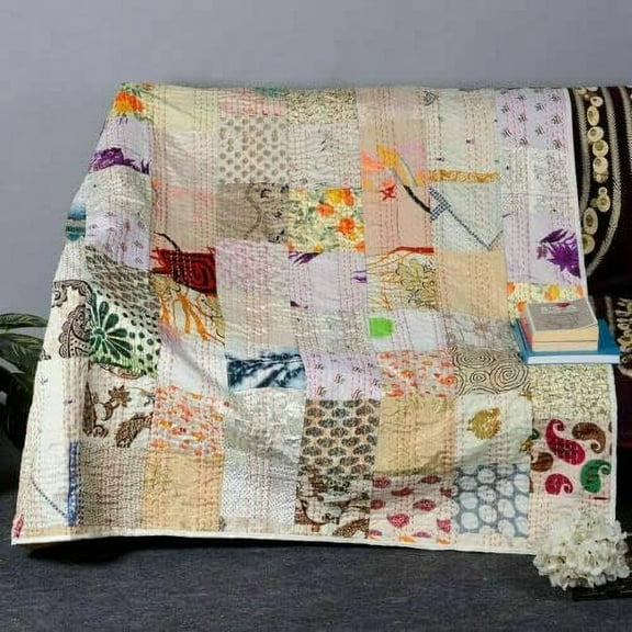 Indian Silk Patola Patchwork Kantha Quilt Handmade Vintage Quilts Boho Twin/King Size Bedding Throw Blanket Bedspread Quilting Hippie Quilts(White, King Size 108x108 Inches)