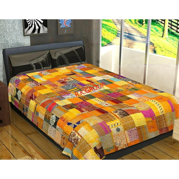 Indian Silk Patola Patchwork Kantha Quilt Handmade Vintage Quilts Boho Twin/King Size Bedding Throw Blanket Bedspread Quilting Hippie Quilts(Yellow, TWin Size 60 x 90 Inches)