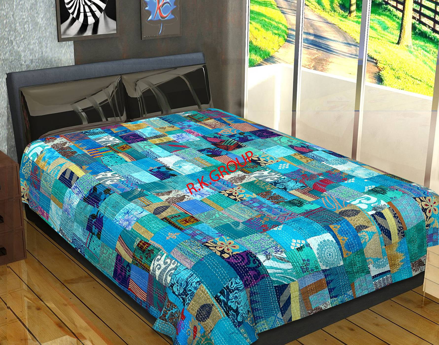 Indian Silk Twin Terquoise Patola Sari Patchwork Kantha Bedspread Bed Cover BohemianThrows Quilted Reversible Blanket