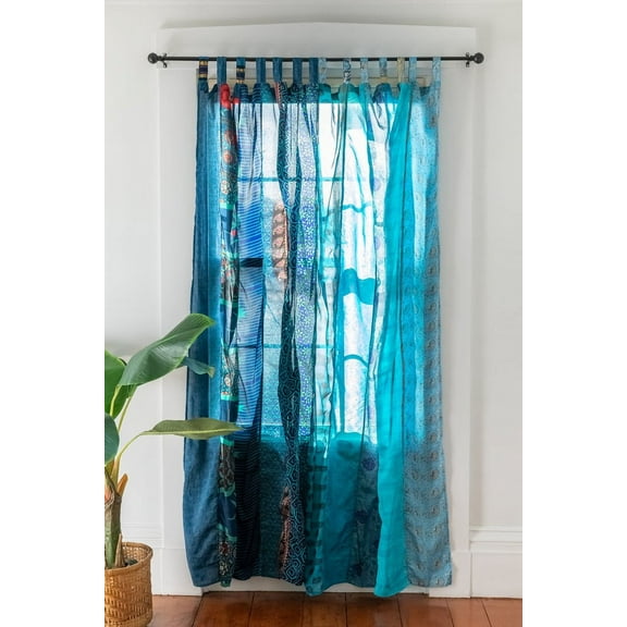 Indian Silk sari Blend Home Decor Patchwork Light Filtering Curtain Door Window Drape Curtains 84 inches (Blue) Panels