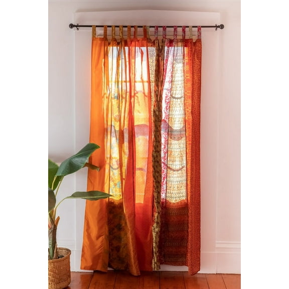 Indian Silk sari Blend Home Decor Patchwork Light Filtering Curtain Door Window Drape Curtains 84 inches Orange Panels
