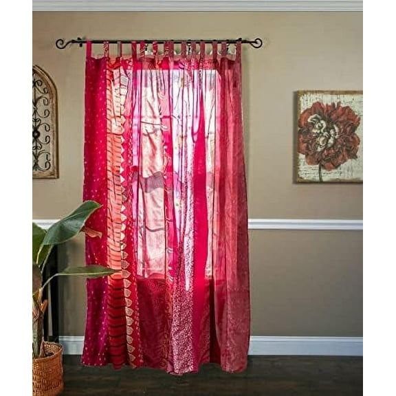 Indian Silk sari Blend Home Decor Patchwork Light Filtering Curtain Door Window Drape Curtains 84 inches (Pink) Panels