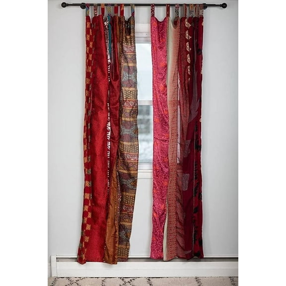 Indian Silk sari Blend Home Decor Patchwork Light Filtering Curtain Door Window Drape Curtains 84 inches (Red) Panels