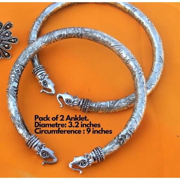 Indian Silver-Plated Elephant Head Look Voguish Style Brass Kada Anklets Pair
