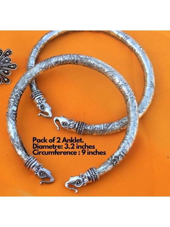 Indian Silver-Plated Elephant Head Look Voguish Style Brass Kada Anklets Pair