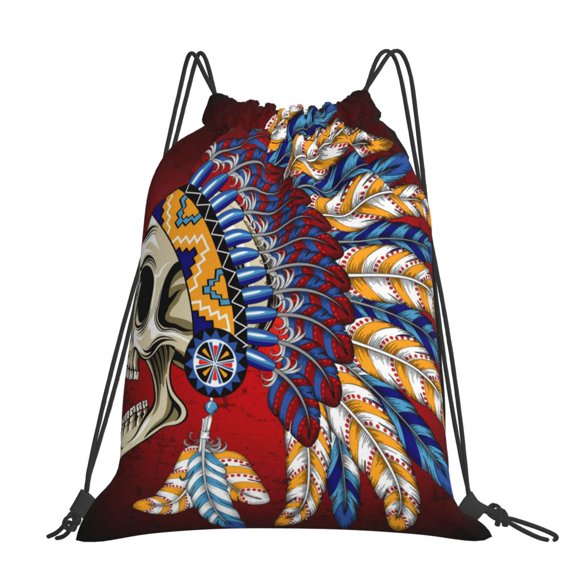 Indian Skull Tribal Chief Large Drawstring Backpack Casual Cinch Sack Bag Backpack for Sports Hiking Travel Gym