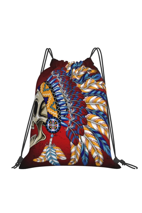 Indian Skull Tribal Chief Large Drawstring Backpack Casual Cinch Sack Bag Backpack for Sports Hiking Travel Gym
