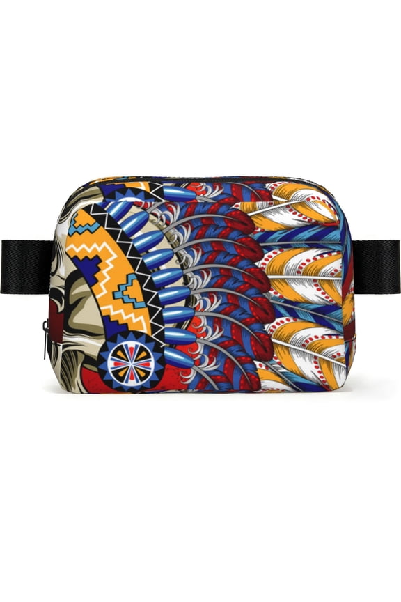 Indian Skull Tribal Chief Square Fanny Pack Fashion Belt Bag with Adjustable Strap Crossbody Chest Bag for Travel, Running, Gym