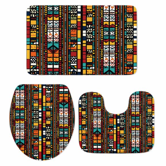 Indian Style Bathroom Rugs Set Retro Abstract Non Slip Absorbent Soft Bath Mats 3 Piece Set with Bathroom Rug, U-Shaped Floor Mat, Toilet Seat Cover Large Size