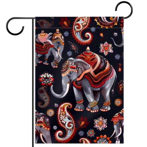 Indian Style Elephants and Paisleys Dark Background Double Sided Garden Flag Decorative Weather Resistant Yard Flag, Large DIY Vertical Flag for Farmhouse Patio Lawn, 28x40 Inch