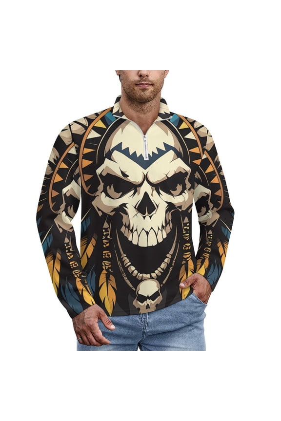 Indian Style Skull Men's Sweater Sports POLO Shirt Zip Pullover Mens Athletic Long Sleeve Sweatshirt Mock Neck for Men