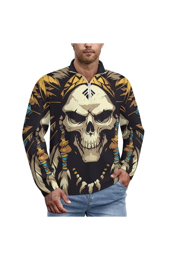 Indian Style Skull Men's Sweater Sports POLO Shirt Zip Pullover Mens Athletic Long Sleeve Sweatshirt Mock Neck for Men