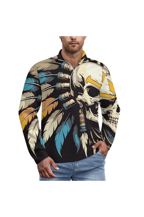 Indian Style Skull Men's Sweater Sports POLO Shirt Zip Pullover Mens Athletic Long Sleeve Sweatshirt Mock Neck for Men