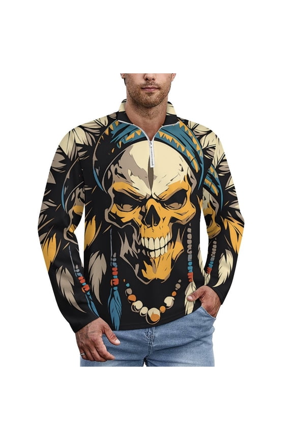 Indian Style Skull Men's Sweater Sports POLO Shirt Zip Pullover Mens Athletic Long Sleeve Sweatshirt Mock Neck for Men
