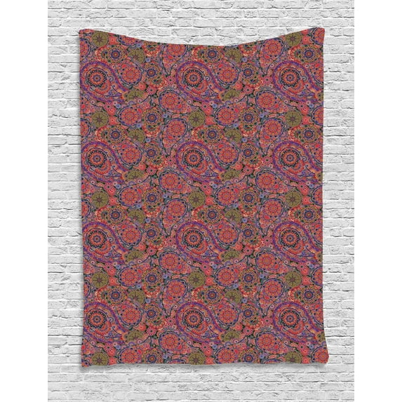 Indian Tapestry, Asian Leaves with Embellish Details South Indian Oriental Paisley Retro Artwork, Wall Hanging for Bedroom Living Room Dorm Decor, 60W X 80L Inches, Burgundy Green, by Ambesonne