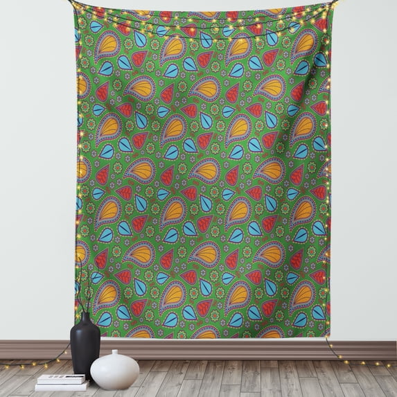 Indian Tapestry, Ethnic Image with Swirls Floral Details Paisley Decor Fern Green Backdrop Art Print, Wall Hanging for Bedroom Living Room Dorm Decor, 60W X 80L Inches, Multicolor, by Ambesonne