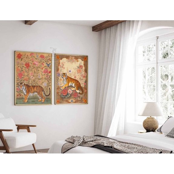 Indian Tiger Prints Floral Art Indian Art Print Vintage Wall Art Pichwai Set 2 Unframed Paper Print 20x30