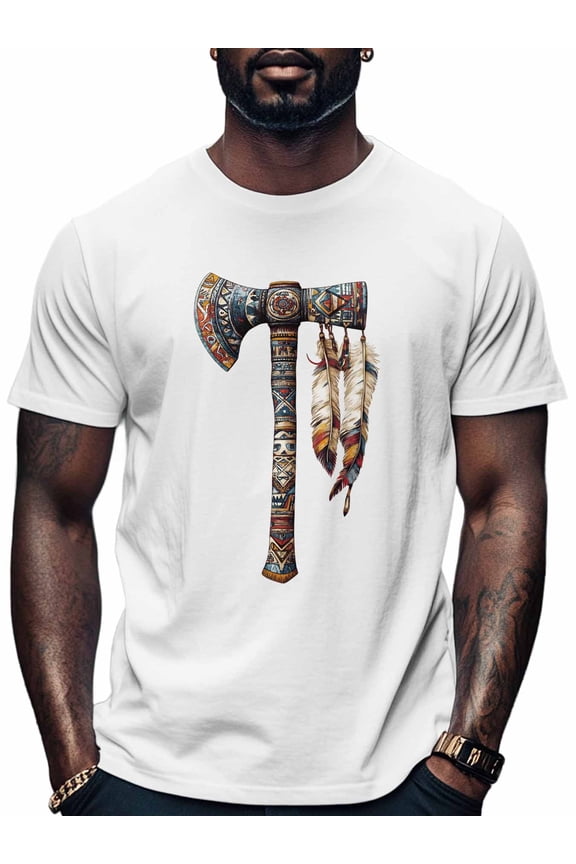 Indian Tomahawk Feather Men's T Shirts T-Shirt for Men Crew Neck Tees Cotton Tops, White, S