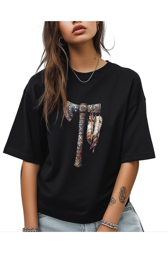 Indian Tomahawk T Shirts for Women Short Sleeve Cotton Crewneck T-Shirt Feather Tee Tops Casual Basic T-Shirts, XS-5XL Black M