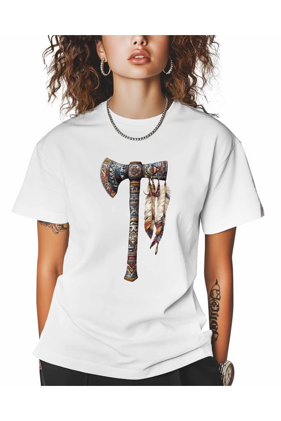 Indian Tomahawk T Shirts for Women Short Sleeve Cotton Crewneck T-Shirt Feather Tee Tops Casual Basic T-Shirts, XS-5XL White 3XL
