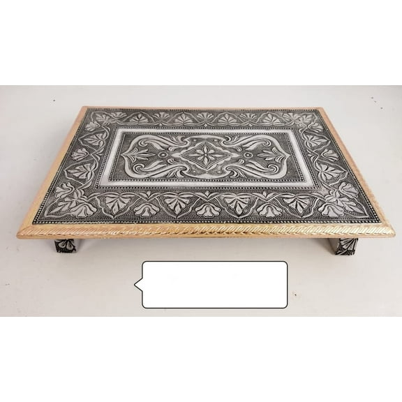 Indian Traditional Bajot Oxidized Patla Sitting Stool for God Wooden Patla End Table Diwali Pooja Chowli Decorative Wooden Chowki Handmade Pooja Bajot Religious Gift Pooja Table - AtoZ India Cart