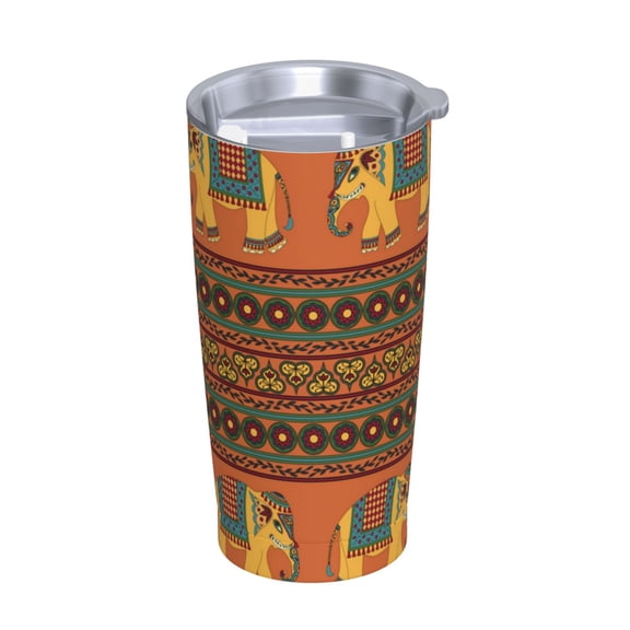Indian Traditional Elephant Ethnic Stainless Steel Tumbler with Lid and Straw 20oz Vacuum Insulated Travel Mug for Hot & Cold Drinks Coffee Wine Water Cup