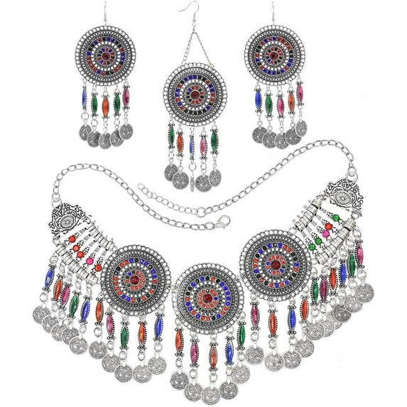Indian Traditional Jewellery Set Maang Tikka Bohemian Headpiece Necklace Earring Colorful Crystal Tassel Coin Bollywood Jhumka Choker Dangle Ethnic Wedding Party Jewelry for Women Bridal Accessories